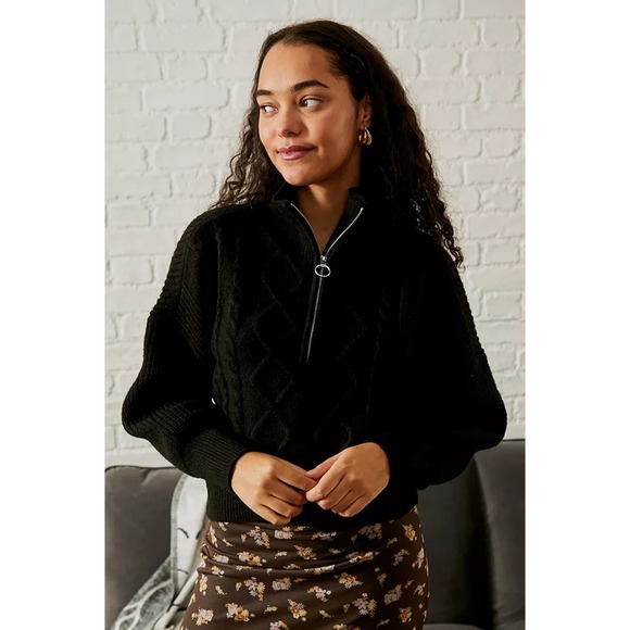 Urban Outfitters Sweaters - Urban Outfitters Cable Knit 1/4 Zip Cropped Chunky Black Sweater Size L